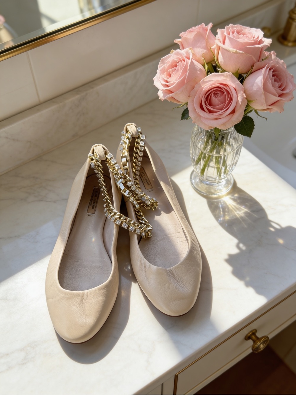 Zara Beige Leather Ballet Flats with Gold Chain Strap